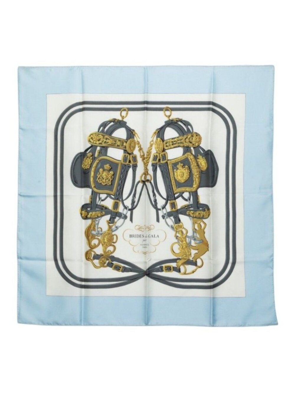 Hermes Carre 90 Brides de Gala Ceremonial Bridle Scarf Light Blue Multicolor